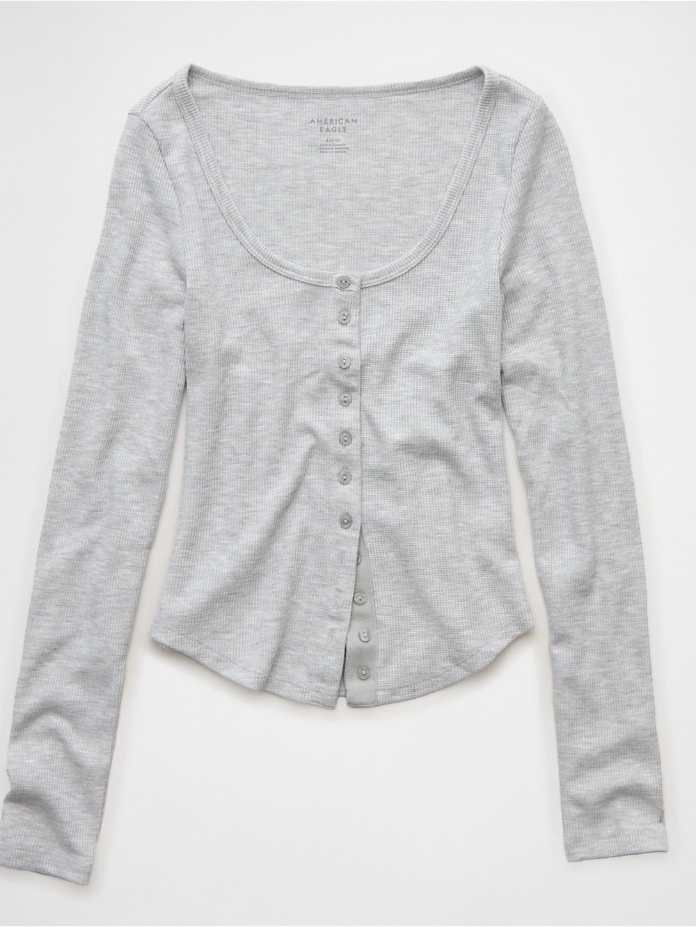AE Women’s Waffle Long Sleeve Button-Up Tee, Heather Gray, XL